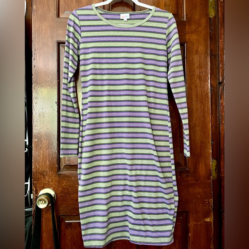 ‼️LULAROE Long-Sleeve Striped Bodycon ‘Julia’ Dress Small Green/White/Purple